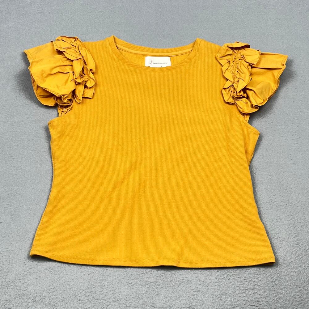 By Anthropologie Ribbed Knit Ruffle Sleeve Tee Top Yellow Mustard Women's M